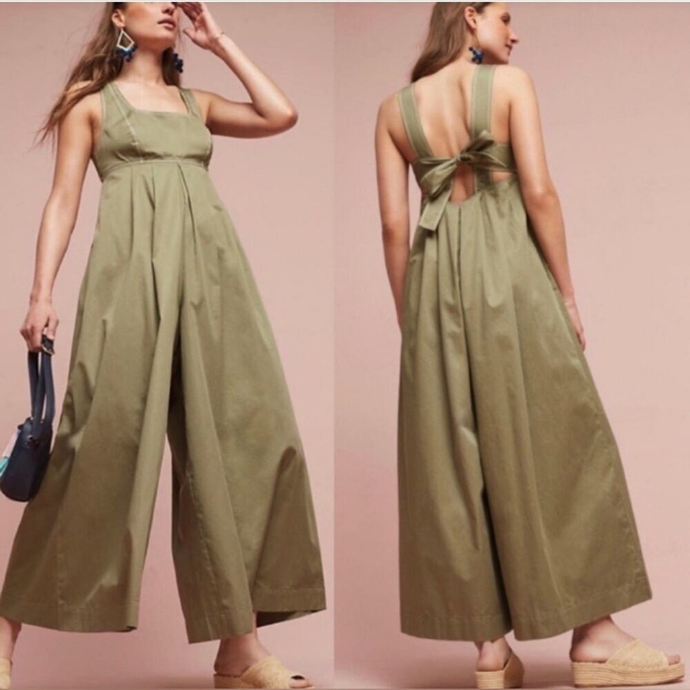 Anthropologie HD in Paris Cotton Olive Green Sleeveless Wide Leg Jumpsuit Sz 6